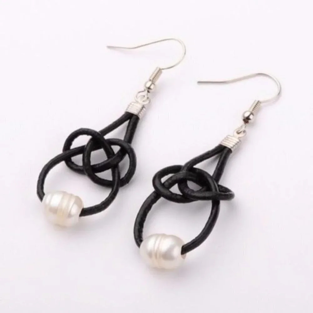 Freshwater Pearl and Black Leather Earrings
